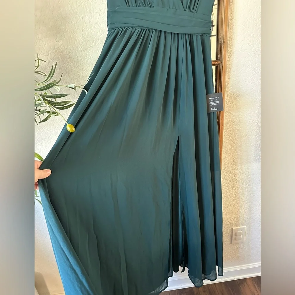 Lulus NWT Thoughts of Hue Emerald Green Surplice Maxi Dress Slit Formal Gown - Picture 5 of 10